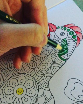 Playing guitar, adult drawing books and color pencils! Enjoy every first Monday