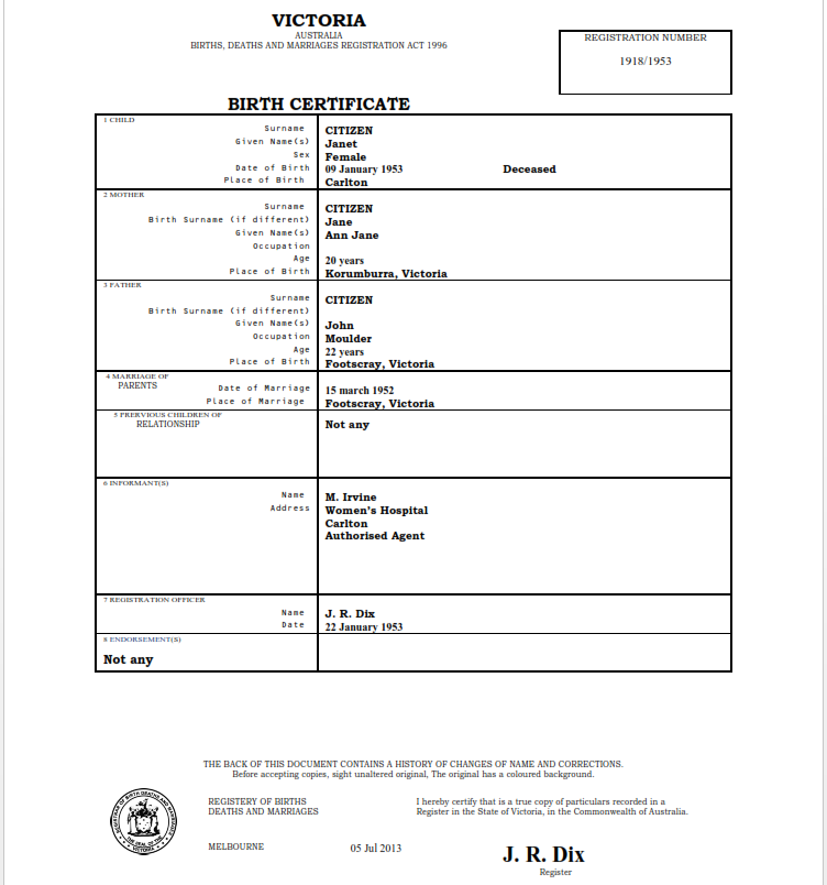 گواهی ولادت استرالیا 1 گواهی ولادت استرالیا 1