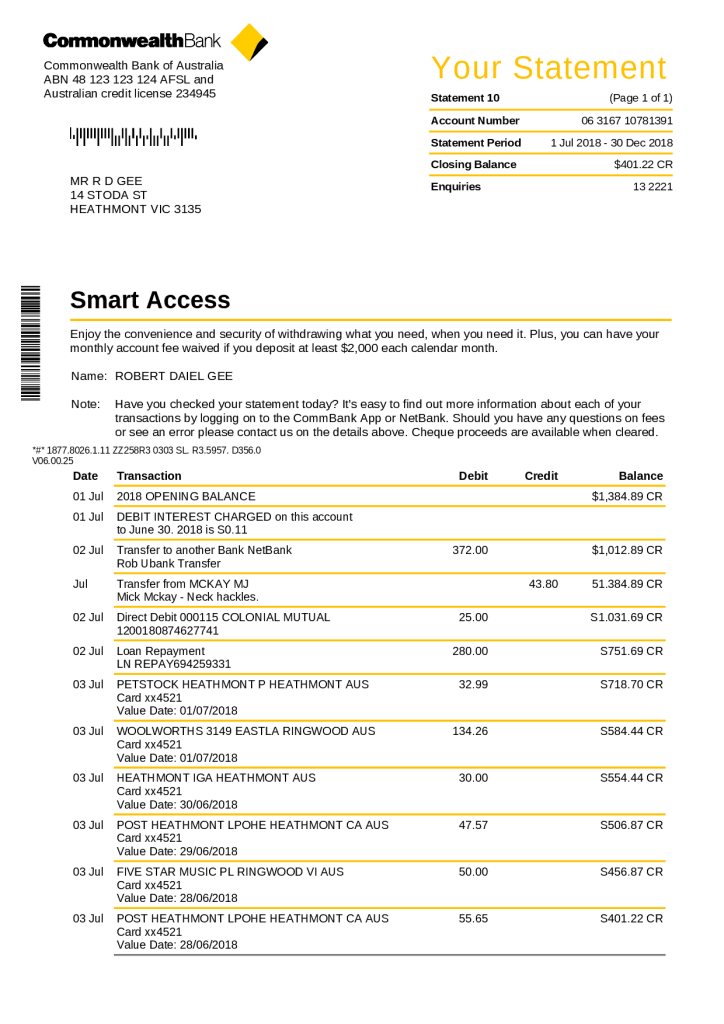 صورتحساب CommonWeath Bank