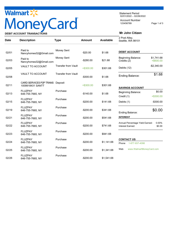 صورتحساب Walmart Money Card Bank